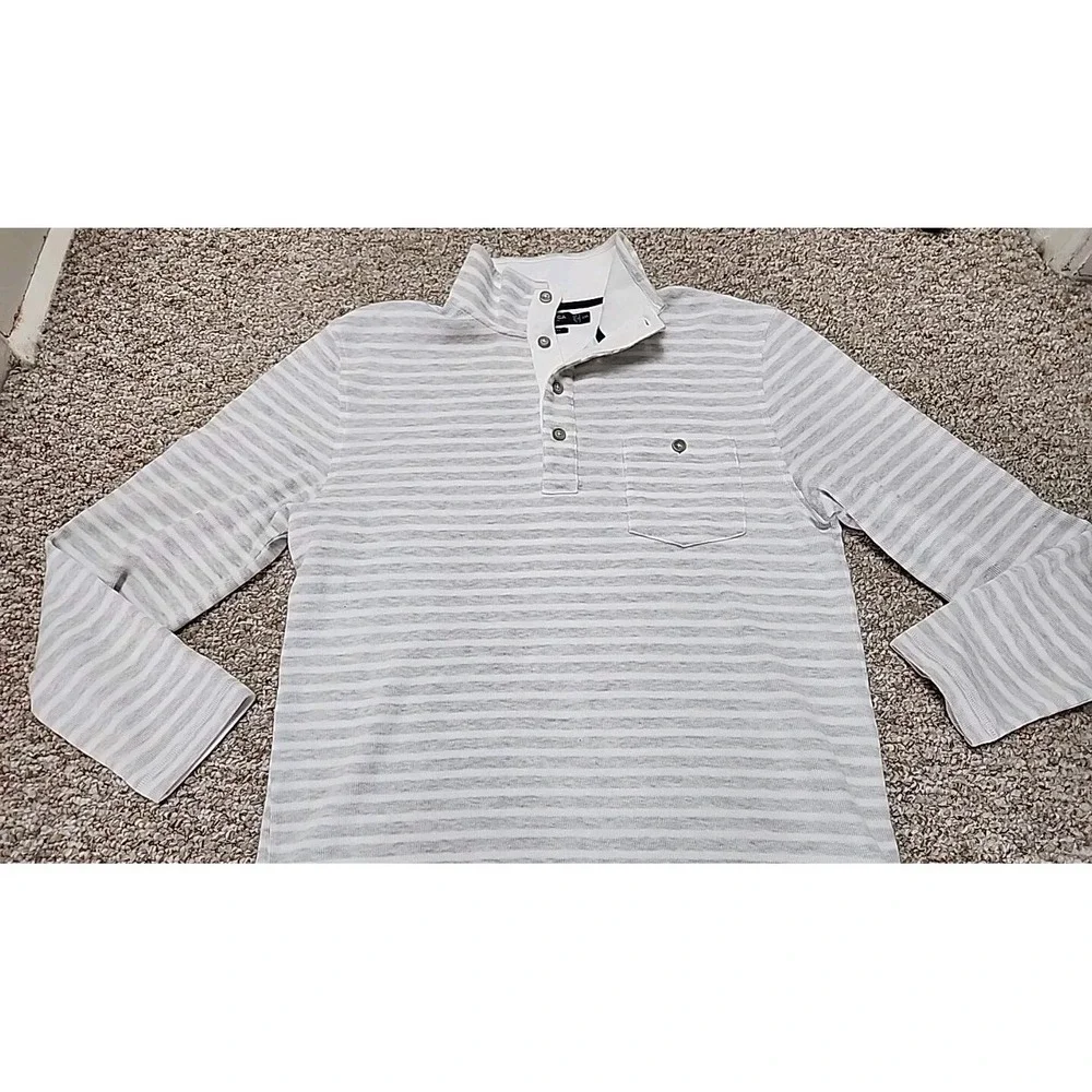 Nautica Sweater Large White Gray Striped Pocket Henley Mock Neck XXL Slim‎ Fit